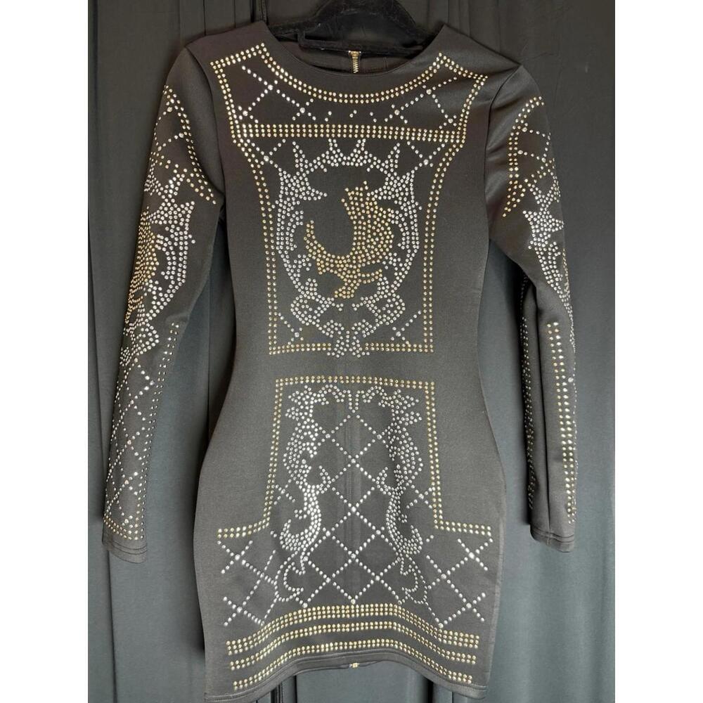 Miss Ord Long Sleeve Body Con mini Dress With Gold And Silver Metallic Small